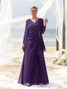 Mother Of The Bride Dresses Elegant Long Sleeve Dress - Purple - View 7
