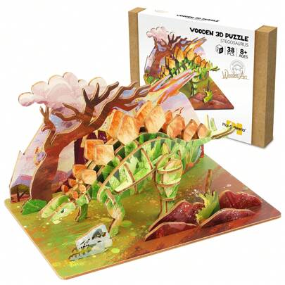 Wooden 3D Dinosaur Puzzles Set For Kids Age 8-10-12-14, DIY Wooden Art And Crafts Assemble 3D Dinosaur Model Puzzle, 3D Puzzle - STEM Toys Gifts For Kids And Adults (Stegosaurus)