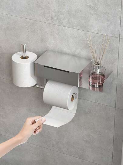 1 pièce Porte-serviette en papier, porte-papier hygiénique avec rangement pour serviettes humides, montage mural auto-adhésif, porte-rouleau de salle de bain avec étagère, accessoires et organisateur de salle de bain