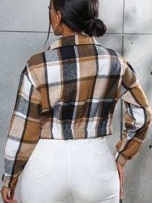 Chaqueta corta casual de mujer con bolsillo con solapas a cuadros, de otoño