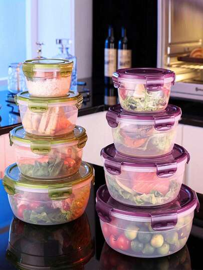 紫色和绿色透明密封食品储存容器，带盖圆形保鲜容器，最佳保鲜食品容器，塑料搅拌碗，可堆叠防漏可重复使用厨房储存容器，适用于微波炉、冰箱和洗碗机，适合储存欧芹、水果、面包、鸡蛋等，感恩节礼物，丰收节，家庭聚餐