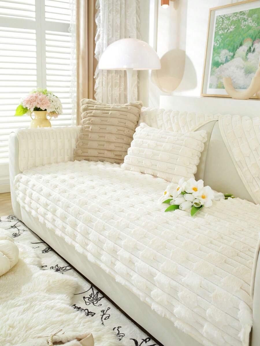 1 件时尚兔毛软沙发垫套,简约优雅,防滑、防尘、防刮,适用于卧室、客厅、书房、办公室装饰 - 米色 - 查看 1