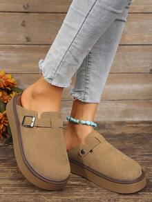 女士方形扣厚底穆勒凉鞋，时尚软底舒适休闲一脚蹬鞋 - 駝色 - 查看 4
