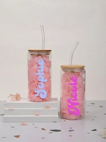 个性化冰咖啡杯 16/20 盎司玻璃杯、定制啤酒罐玻璃杯（带盖和吸管）、玻璃罐咖啡杯、返校礼物、生日花、外带冰咖啡杯 - 多色 - 查看 4