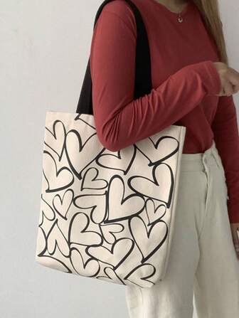 1pc Grote Capaciteit Canvas Schoudertas, Vrouwen Eenvoudige Hartpatroon Casual Tote Bag, Studenten Schoolrugzak (Maat En Prijs Variëren)