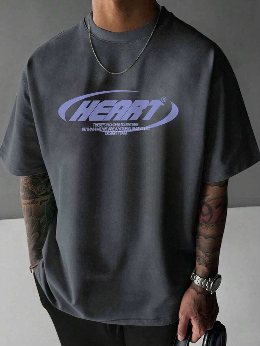 男士标语印花圆领休闲百搭短袖 T 恤 - 深灰色 - 查看 1