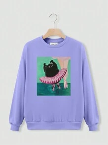 女童套頭酷絲棉運動休閒衛衣，卡通小貓芭蕾印花貼圖，適合春季秋季新裝