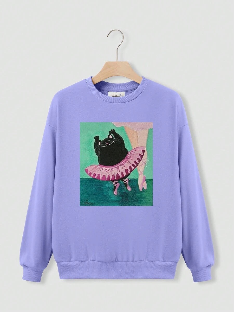 女童套頭酷絲棉運動休閒衛衣，卡通小貓芭蕾印花貼圖，適合春季秋季新裝