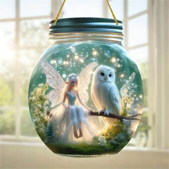 17x20cm Colorful Glass Fairy & Owl Hanging Decoration, Suitable For Windows, Walls, Gardens And Home - Perfect Indoor/Outdoor Gift For Friends And Family,Home Decor ,Room Decor,Wall Decor Gifts Birthday Graduation