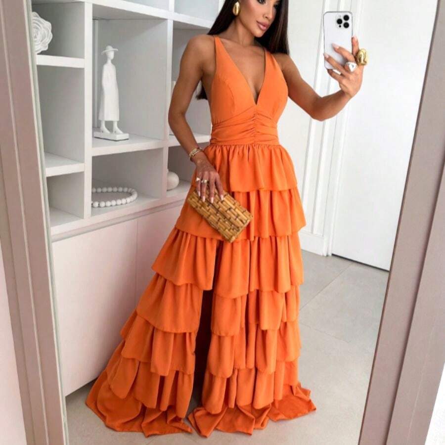 Ruffled Party Dress For Bridesmaid/Graduation - 橘色 - 查看 1