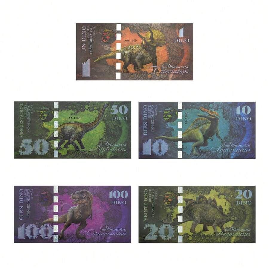 5pcs Dinosaur Theme Paper Money Bill Set With Serial Number, UV