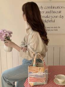 1 件彩虹帆布手提包，工作小手提包，午餐盒，学生上学通勤包 - 彩色 - 查看 4