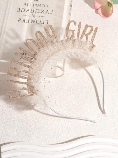 1pc Beige Tulle Happy Birthday Headband,Hot Stamping Birthday Party Costume Headdress With Glitter Star Decor,Party Supplies,Photo Props Her.