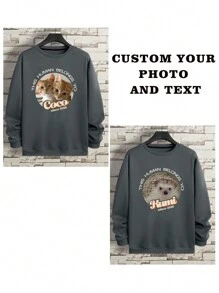Sudadera personalizada para hombres, sudadera de otoño, impresión de foto de mascota, regalo para el mejor amigo, sudadera vintage personalizada - Agrega tu propio texto e imágenes (foto familiar/selfie/foto de mascota/foto de amigo) para diseñar tu impresión personalizada, top de manga larga - Gris Oscuro - Ver 3