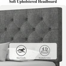 HOMBCK Estructura de cama tapizada con cabecero, estructura de cama de tela de lino con cabecero capitoné, sin somier, fácil montaje, tamaño individual/matrimonial/queen/king, beige/rosa/gris oscuro/gris/azul