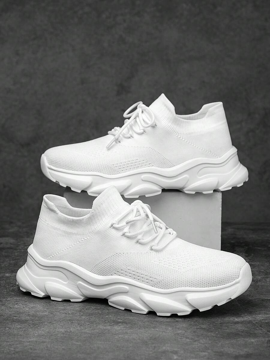 男士时尚白色针织透气百搭袜子鞋，个性化休闲厚底前系带日常运动鞋