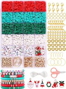 1 盒 24/15/10/4 槽圣诞礼物 DIY 套装（包括软粘土、米珠、圆珠、玻璃珠、CBB 垫片、合金吊坠、弹力绳）适用于 DIY 手链、项链、耳环、珠宝制作、圣诞礼物 - 彩色 - 查看 13