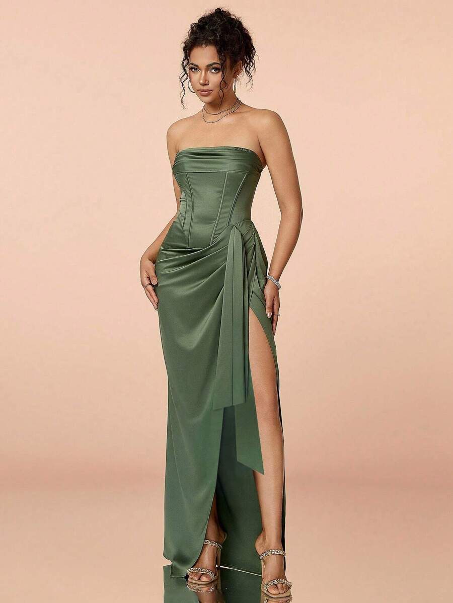 Vestido de noche de satén con volantes y abertura alta, estilo sirena sin tirantes, para fiesta de primavera/verano 2026. Vestido elegante para baile de graduación, boda, festival de música. - Verde militar - Ver 1