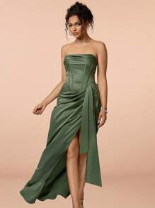 Vestido de noche de satén con volantes y abertura alta, estilo sirena sin tirantes, para fiesta de primavera/verano 2026. Vestido elegante para baile de graduación, boda, festival de música. - Verde militar - Ver 5