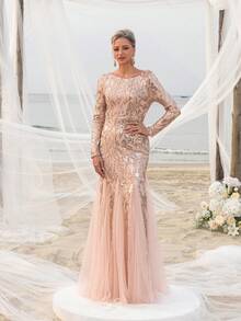 Women's Mermaid Hem Contrast Mesh Sequin Formal Dress Elegant Long Sleeve Mother Of The Bride Dress