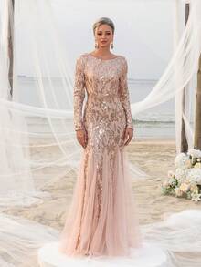 Women's Mermaid Hem Contrast Mesh Sequin Formal Dress Elegant Long Sleeve Mother Of The Bride Dress