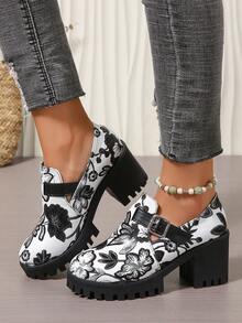 Women's Platform Thick Bottom Roman Style Strap Embroidered Fashion Mary Jane Pumps - White - View 4