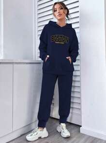 两件套少女休闲宽松字母印花套头连帽卫衣和直筒抽绳裤，保暖内衬，适合春、秋、冬三季穿着。 - 藏蓝色 - 查看 3