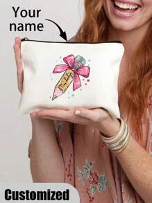 Custom Teacher Name & Pencil Bow Makeup Bag - Chic Canvas Cosmetic Pouch, Lightweight Travel Organizer With Zipper, Machine Washable - Perfect Gift For Women,All-Purpose,Large Capacity,Versatile,Multifunction,Colorful,Cute,Adorable,Contracted,Funny,Kawaii,Y2K,Minimalist,Commuting,Business Casual,Basics,Custom,Personalized,Unique,Customized,Ideal Gifts For Him,Ideal Gifts For Her,Her,Family,Friends,Girlfriend,For Anniversaries,For Birthdays,For Holiday/ Vacation,For Outdoors/Outings/Travel/Hiking/Stadium/Sports/Climbing,For Business/Commute/Work/Office