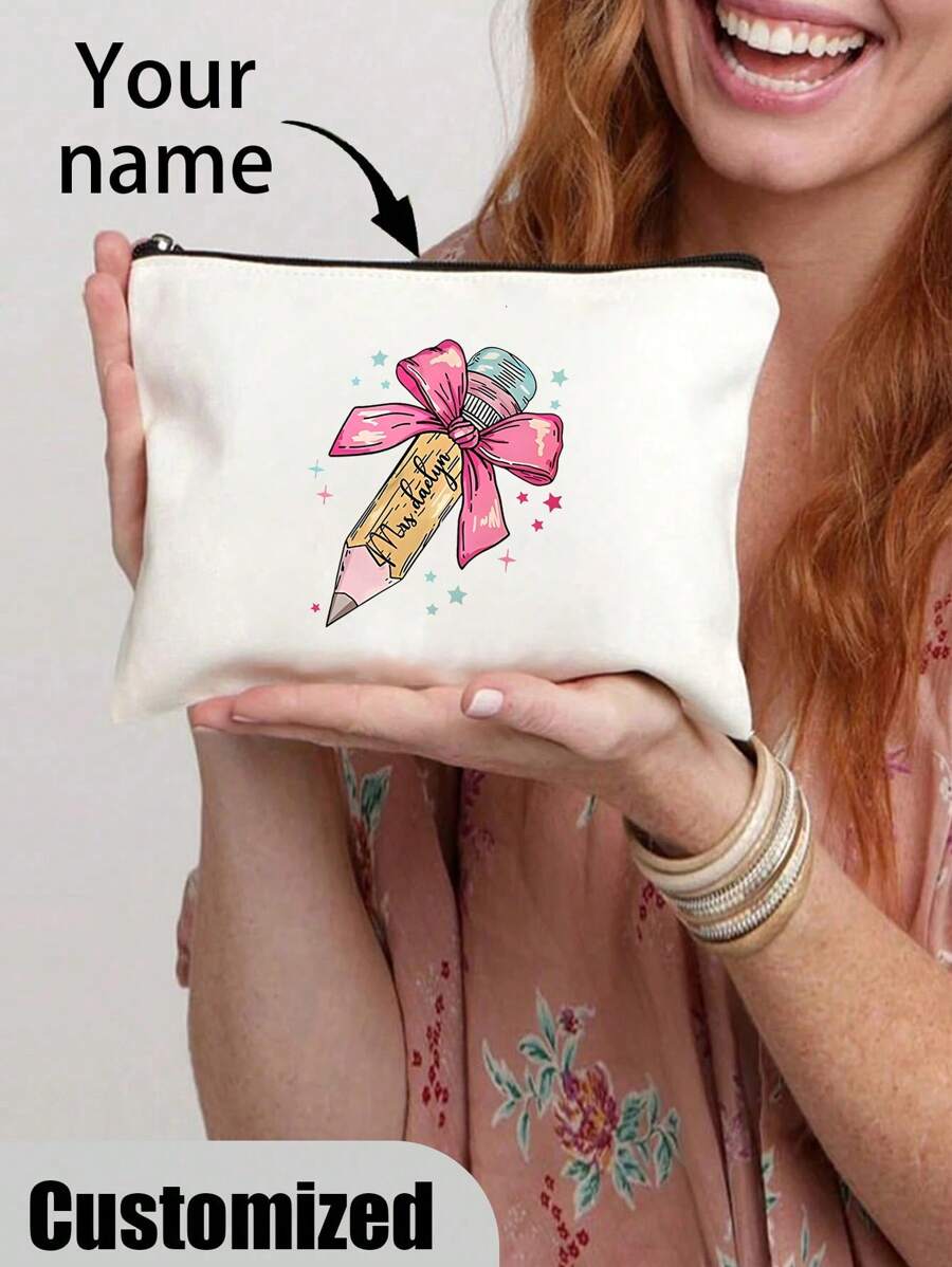 Custom Teacher Name & Pencil Bow Makeup Bag - Chic Canvas Cosmetic Pouch, Lightweight Travel Organizer With Zipper, Machine Washable - Perfect Gift For Women,All-Purpose,Large Capacity,Versatile,Multifunction,Colorful,Cute,Adorable,Contracted,Funny,Kawaii,Y2K,Minimalist,Commuting,Business Casual,Basics,Custom,Personalized,Unique,Customized,Ideal Gifts For Him,Ideal Gifts For Her,Her,Family,Friends,Girlfriend,For Anniversaries,For Birthdays,For Holiday/ Vacation,For Outdoors/Outings/Travel/Hiking/Stadium/Sports/Climbing,For Business/Commute/Work/Office