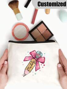 Custom Teacher Name & Pencil Bow Makeup Bag - Chic Canvas Cosmetic Pouch, Lightweight Travel Organizer With Zipper, Machine Washable - Perfect Gift For Women,All-Purpose,Large Capacity,Versatile,Multifunction,Colorful,Cute,Adorable,Contracted,Funny,Kawaii,Y2K,Minimalist,Commuting,Business Casual,Basics,Custom,Personalized,Unique,Customized,Ideal Gifts For Him,Ideal Gifts For Her,Her,Family,Friends,Girlfriend,For Anniversaries,For Birthdays,For Holiday/ Vacation,For Outdoors/Outings/Travel/Hiking/Stadium/Sports/Climbing,For Business/Commute/Work/Office