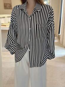 竖条纹落肩宽松衬衫，休闲春季款 - 黑與白 - 查看 2