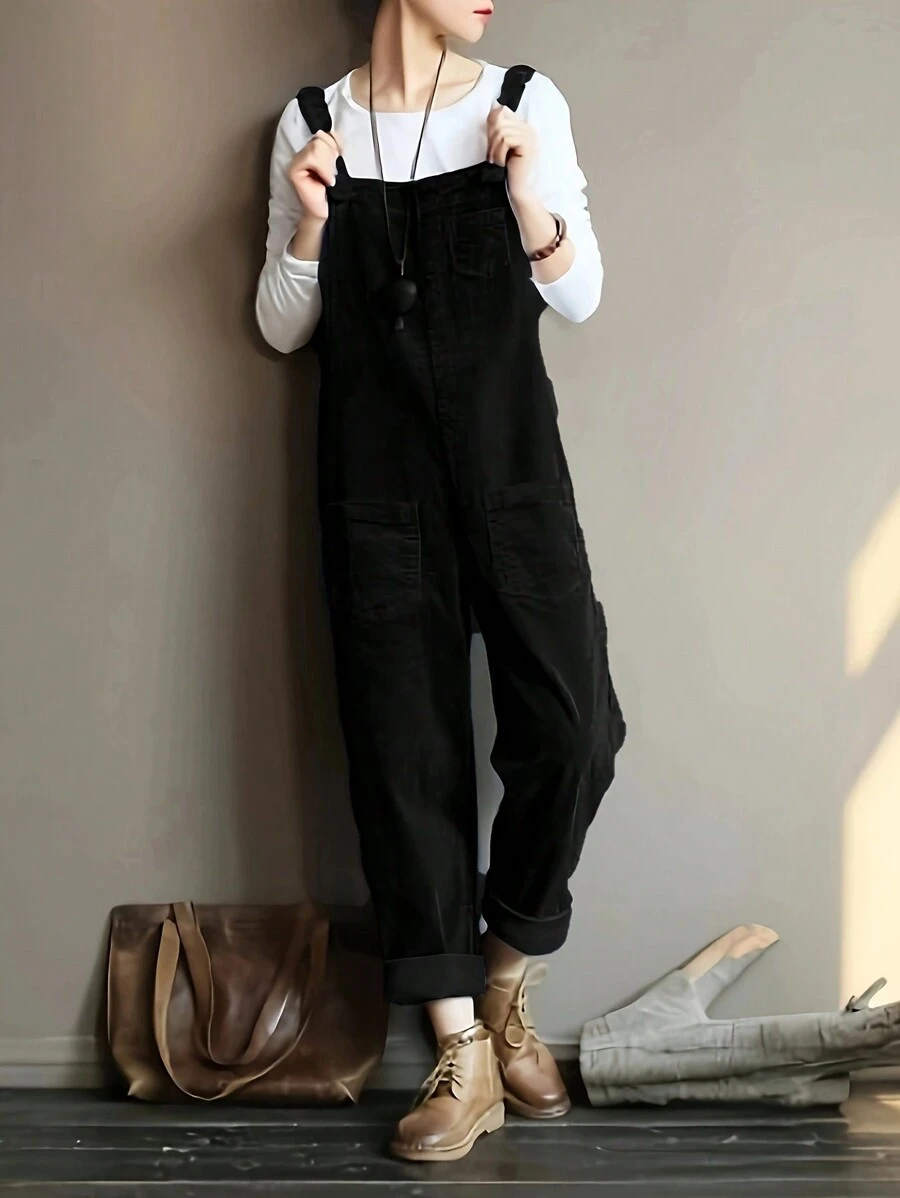 Womens Overall Jumpsuit Casual Corduroy For Autumn Winter Fashion Comfortable Stylish Full Length Denim Style Cozy Outfit - 黑色 - 查看 1