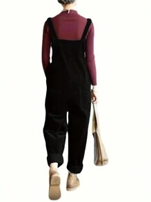 Womens Overall Jumpsuit Casual Corduroy For Autumn Winter Fashion Comfortable Stylish Full Length Denim Style Cozy Outfit - 黑色 - 查看 2