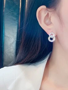 Nooxian 1 Cặp bông tai vòng đôi Cubic Zirconia dành cho nữ, thích hợp để đeo hàng ngày và lễ hội - Bạc - Xem 3