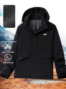 纯色防水风衣夹克带帽，口袋，长袖拉链户外外套，保暖高领毛衣，适合徒步旅行、滑雪、登山运动，男友风格男士户外装备，户外服装，防水工作服 - 黑色 - 查看 6