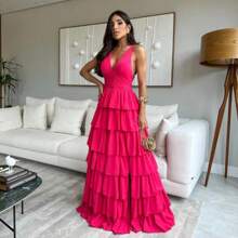 Ruffled Party Dress For Bridesmaid/Graduation - Màu Hồng Tươi - Xem 1