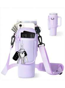 1 pieza de bolsa portadora de botella de agua con bolsillo para teléfono + 1 pieza de funda de pajita de color aleatorio para vaso aislado de 40/30 Oz, funda de botella de agua de neopreno con correa ajustable, gancho para llaves, adecuado como regalo de Navidad, regalo de Año Nuevo