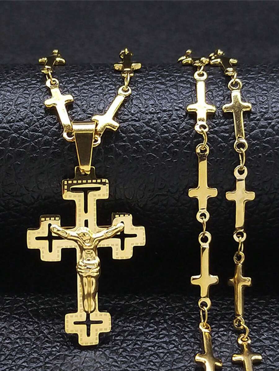 Christian Cross Jesus Stainless Steel Necklace For Women/Men Gold/Silver Cross Rose Chain Jewelry Rosario For Men And Women Fashion Accessories For Couples Gift - Necklace - View 1