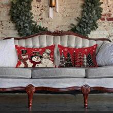 2 Stücke rote Weihnachten Kissenbezüge, Weihnachtsbaum & Schneemann Kissenbezüge Winterurlaub Land Deko Lendenkissen Bezug für Sofa Heimdekoration ohne Kissenkern auf einer Seite