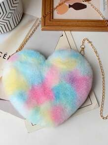 毛绒心形零钱包，蓬松手提包，柔软小巧的金属链单肩包，完美的趣味新奇礼物，最佳秋季钱包，理想的情人节服装配饰 - 彩色 - 查看 6