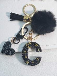 1 件树脂星空环氧字母钥匙扣，带流苏和黑色毛球装饰，送给朋友和母亲的礼物，汽车配件包饰，书包挂绳，带身份证夹，汽车配件包饰 - 黑色 - 查看 25