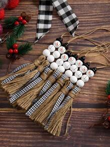 1/2pcs Snowman Wooden Beads Hanging Ornament Christmas Snowman Beads Garland Farmhouse Wooden Christmas Tree Ornaments With Plaid Tassel For Christmas Hanging Decorations