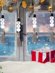 1/2pcs Snowman Wooden Beads Hanging Ornament Christmas Snowman Beads Garland Farmhouse Wooden Christmas Tree Ornaments With Plaid Tassel For Christmas Hanging Decorations