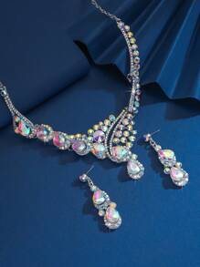 Bộ trang sức hoa tai vòng cổ pha lê và đá Rhinestone nhiều màu cho cô dâu 3 món, Phụ kiện trang sức thời trang cho phụ nữ cho tiệc tùng, sự kiện - Nhiều màu - Xem 9