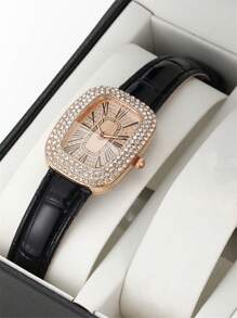 1 件女士手表黑色鳄鱼压纹 PU 聚氨酯表带迷人水钻装饰矩形表盘石英表和 4 件首饰套装项链戒指耳环，适合日常生活节日作为学生返校礼物 - 黑色 - 查看 3