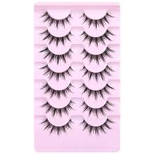 7 对自然外观的卡通睫毛，动漫真人秀假睫毛带透明带，3D 纤细睫毛，亚洲/日本/韩国风格漫画睫毛看起来像单独的簇，隐形眼线，猫眼睫毛仿貂皮睫毛自然长漫画睫毛翼状眼尾加长睫毛假睫毛化妆