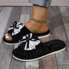 女士 2024 黑色保暖内衬拖鞋，带蝴蝶结装饰，轻便舒适，室内家居便鞋，适合秋冬季 - 黑色 - 查看 2