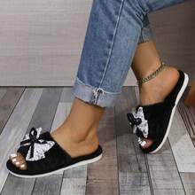 女士 2024 黑色保暖内衬拖鞋，带蝴蝶结装饰，轻便舒适，室内家居便鞋，适合秋冬季 - 黑色 - 查看 3