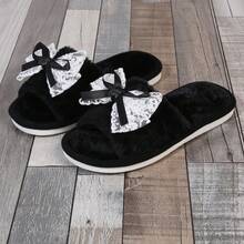 女士 2024 黑色保暖内衬拖鞋，带蝴蝶结装饰，轻便舒适，室内家居便鞋，适合秋冬季 - 黑色 - 查看 5
