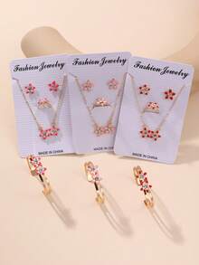 5pcs/Set Girls' Drip Oil Flower Necklace, Bracelet And Earrings Set - Flowers - View 4